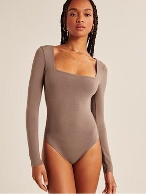 Abercrombie & Fitch Square Neck Long-Sleeve Bodysuit - Taupe